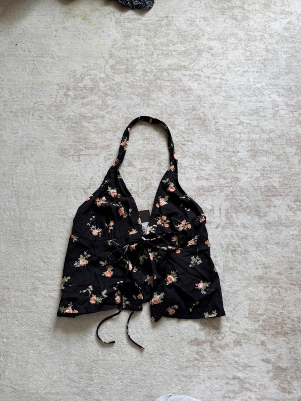 Motel Rocks Black Floral Halter Top with Pink and Cream Blooms